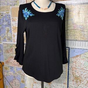 Black Top with Blue Floral Embroidery